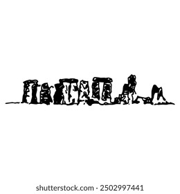 Stonehenge. Prehistoric megalithic monument on Salisbury Plain in Wiltshire, England. Hand drawn linear doodle rough sketch. Black and white silhouette.