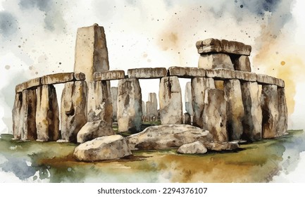 Stonehenge prehistoric monument in Wiltshire, England. Stonehenge watercolor painting.