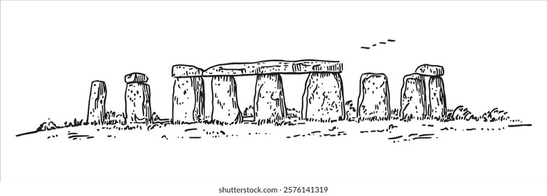 stonehenge prehistoric stone monument in black and white hand-drawn style
