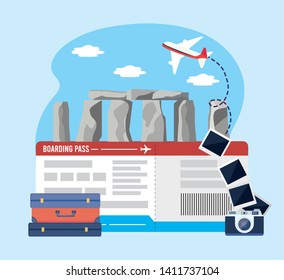stonehenge with ticket and camera with pictures and baggages