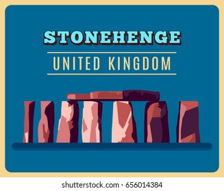 Stonehenge vintage poster. Vector illustration for prehistoric religious landmark architecture. Ancient monument rock. Heritage England UK tourism. United Kingdom concept.