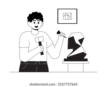 A stonemason carves a stone to make a sculpture in the shape of a head, craft vector illustration.