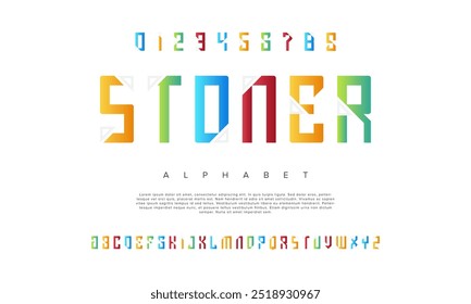 Stoner criativo moderno geométrico urbano alfabeto fonte. Abstrato digital futurista, jogo, techno, robô, música, logotipo, esporte, tipografia de tecnologia mínima. Ilustração de vetor numérico simples