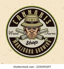 Stoner head in bucket hat and two crossed weed joints vector emblem, badge, label or logo. Illustration in colorful style isolated on light background