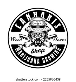 Cabeza de forro en sombrero de cubo y dos uniones cruzadas emblema vectorial, placa, etiqueta o logotipo. Ilustración en el estilo monocromo vintage aislado en el fondo blanco