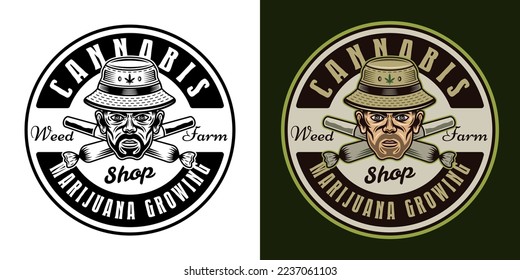 Cabeza de forro con sombrero de cubo y dos uniones cruzadas emblema vectorial, placa, etiqueta o logotipo en dos estilos negro sobre blanco y colorido sobre fondo oscuro