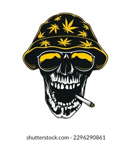 Stoner skull with marijuana spliff isolated on white background. Stencil, sticker skull art for hoodie or t-shirt.