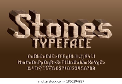 Stones alphabet font. 3D cartoon letters, numbers and symbols. Uppercase and lowercase. Stock vector typescript for your typography design.