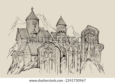 Stones of Armenia. Sketch of ancient church and old Armenian khachkar crosses. Drawing from nature in vicinity lake Sevan. Hand drawn artwork. Travel through countries of the Caucasus. Vector image.