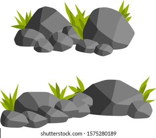 Stones for the background of natural landscape. Element of mountain and forest. set of Rocks with grass for scenery view - cartoon illustration