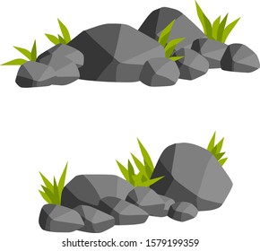 Stones for the background of natural landscape. Element of mountain and forest. set of Rocks with grass for scenery view - cartoon illustration