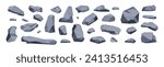 Stones, big set of different grey rocks, vector illustrations, isolated on white background. Collection of gray cartoon cobblestones. Different boulders drawing in flat style. Various shapes of gems.