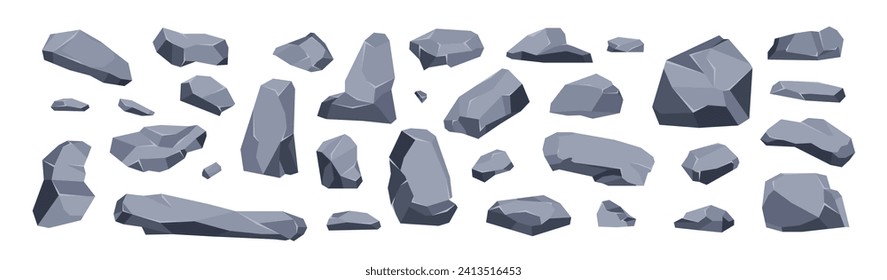 Stones, big set of different grey rocks, vector illustrations, isolated on white background. Collection of gray cartoon cobblestones. Different boulders drawing in flat style. Various shapes of gems.