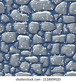 stones and bricks seamless pattern. Vector texture of paving stone tile or masonry wall covered with snow. endless game background of Stonework with snowflakes. dungeon or cave winter wall decor.