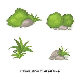 Stones and bushes decorate the garden. Vector flat illustration. stock illustration