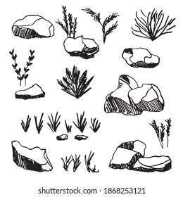 stones, cobblestones and grass vector sketch