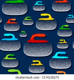 Stones for curling sport game. Ice. Rink. Pattern. Poster. Can be used for shirt print, fashion print design. Vector illustration.