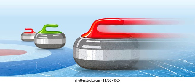 Stones for curling sport game. Ice. Rink. Textures blue ice. Winter background. Banner. Vector illustration