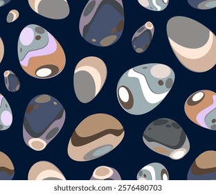 Stones of different colors and shapes from a set of natural textures for design or yoga. Seamless background or pattern. Vector.