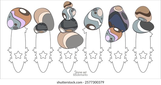 Stones of different colors and shapes from a set of natural textures for design or yoga. Bookmarks. Vector.