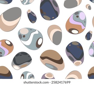 Stones of different colors and shapes from a set of natural textures for design or yoga. Seamless background or pattern. Vector.