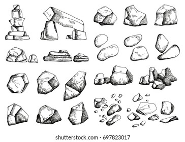 Stones different set of sketch. Hand drawing vector illustration
