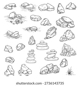 Stones of different shapes, black and white sketch. Vector illustration.Collection of rock fragments, boulder, gravel rubble isolated on white background Not AI