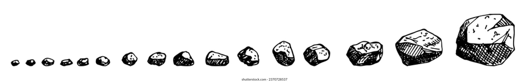 Stones of different sizes and shapes hand sketch image. Rocks. Gravel stones and boulders. Vintage outline minerals. Heavy cobblestones and granite rubble. Black and white doodle nature elements set