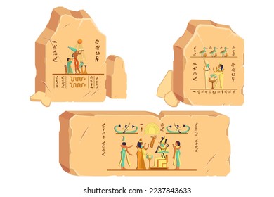 Stones with Egyptian drawings vector illustrations set. Collection of pharaohs and inscriptions of ancient Egypt on stones isolated on white background. History, mythology, culture concept