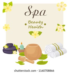 stones, flowers and towels for spa treatments, vector illustration