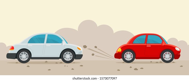 Stones fly from under the wheels of the car in front. Dangerous dirt road. Danger of damage car body and windshield. Emergency situation. Insurance accident. Vector illustration flat cartoon style.