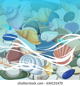 Stones frame of sea shells, vector illustration.Summer concept with shells and sea stars. Round composition, starfish, nature aquatic. Vector illustration.