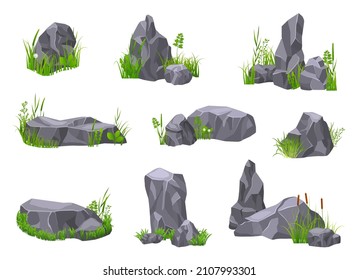 Stones in grass. 3d rocks, gravel stone with green bush. Grey boulders, cracked mountains. Geology natural elements, game design exact vector set