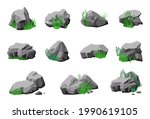 Stones in grass. Cartoon natural mountain stone, granite design with green. 3d rock texture, isolated natural boulder. Geology recent vector elements
