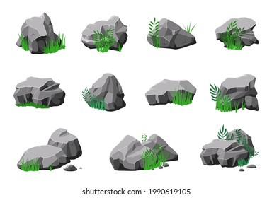 Stones in grass. Cartoon natural mountain stone, granite design with green. 3d rock texture, isolated natural boulder. Geology recent vector elements