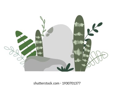  Stones with green moss, tropical leaves and grass. Natural landscape design element vector illustration in cartoon flat style.