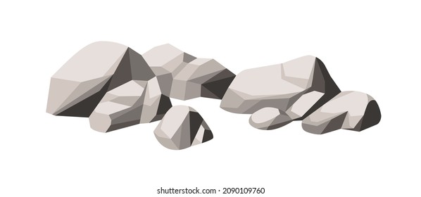 Stones heap. Cracked rocks, pieces and debris. Polygonal cobblestones pile. Angular cobble group composition. Natural fossil. Rocky fragments. Cartoon vector illustration isolated on white background