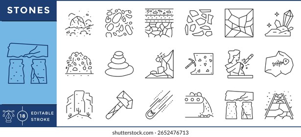 Stones icons set. Boulder, pebbles, wall, slab, gemstone, Zen, pile, fossil, stratigraphy, meteorite, and many more. Vector editable stroke.