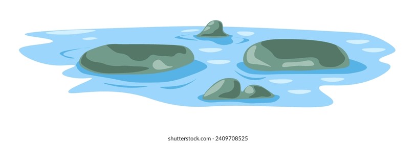 Stones in landscape pond, lake in nature. Outdoor recreation area. Shelter and substrate for various aquatic organisms. Birds and amphibians place for perching and sunning. Vector in flat style