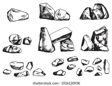 stones large set of cobblestones vector sketches. black isolated silhouettes for surroundings. elements of entourage