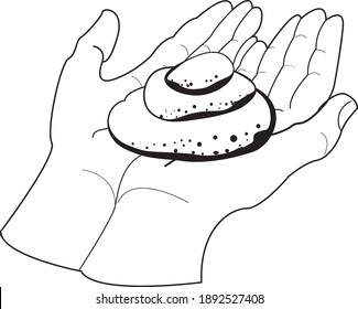 Stones lie in the hands. stone terapy, massage. vector black and white illustration.