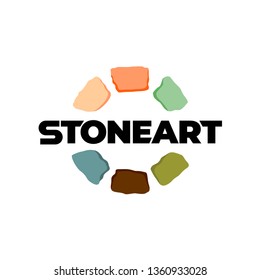 Stones logo. Creative color art stones around text sign. Colored construction bricks or interior craft elements symbol.
