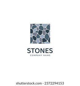 Stones logo template vector illustration. cobblestone logotype concept. Simple square rocks texture isolated on a white background. For exterior, interior designs, business cards, company branding.