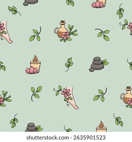 Stones, lotus flower, female feet and cosmetics. SPA procedures. Vector seamless pattern. Bright illustration for background, print, wrapping paper. Repeating pattern on green background