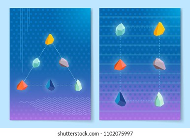 Stones making shapes set, rocks connected with lines, minerals or objects collection, triangle and rectangle, vector illustration isolated on blue.