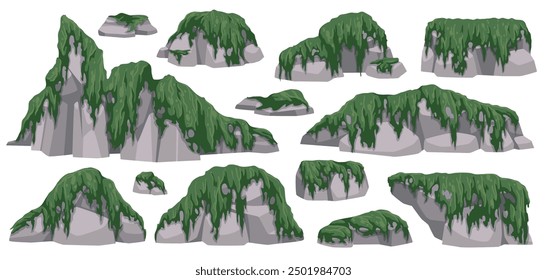 Stones overgrown with moss. Cartoon rocks and green lichen, hanging and creeping plants, natural game elements template, ecology environment, rainforest tropical tidy vector isolated set