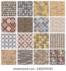 Stones pavement. Garden patio paving textures recent vector seamless background of road and wall surfaces