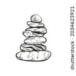 Stones pebbles balancing vector illustration. Stone Stacking Art, sketch style print. Cairn stones. Balancing and stack rocks emblem. Meditation and balance, yoga center art concept poster.