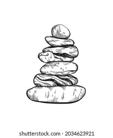 Stones pebbles balancing vector illustration. Stone Stacking Art, sketch style print. Cairn stones. Balancing and stack rocks emblem. Meditation and balance, yoga center art concept poster.