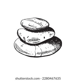 Stones pebbles balancing vector illustration. Stone Stacking Art, sketch style print. Cairn stones. Balancing and stack rocks emblem. Meditation